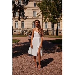 NWT Alamour Xena White Strapless Midi Dress w/ Slit, Bustier, Strappy Back